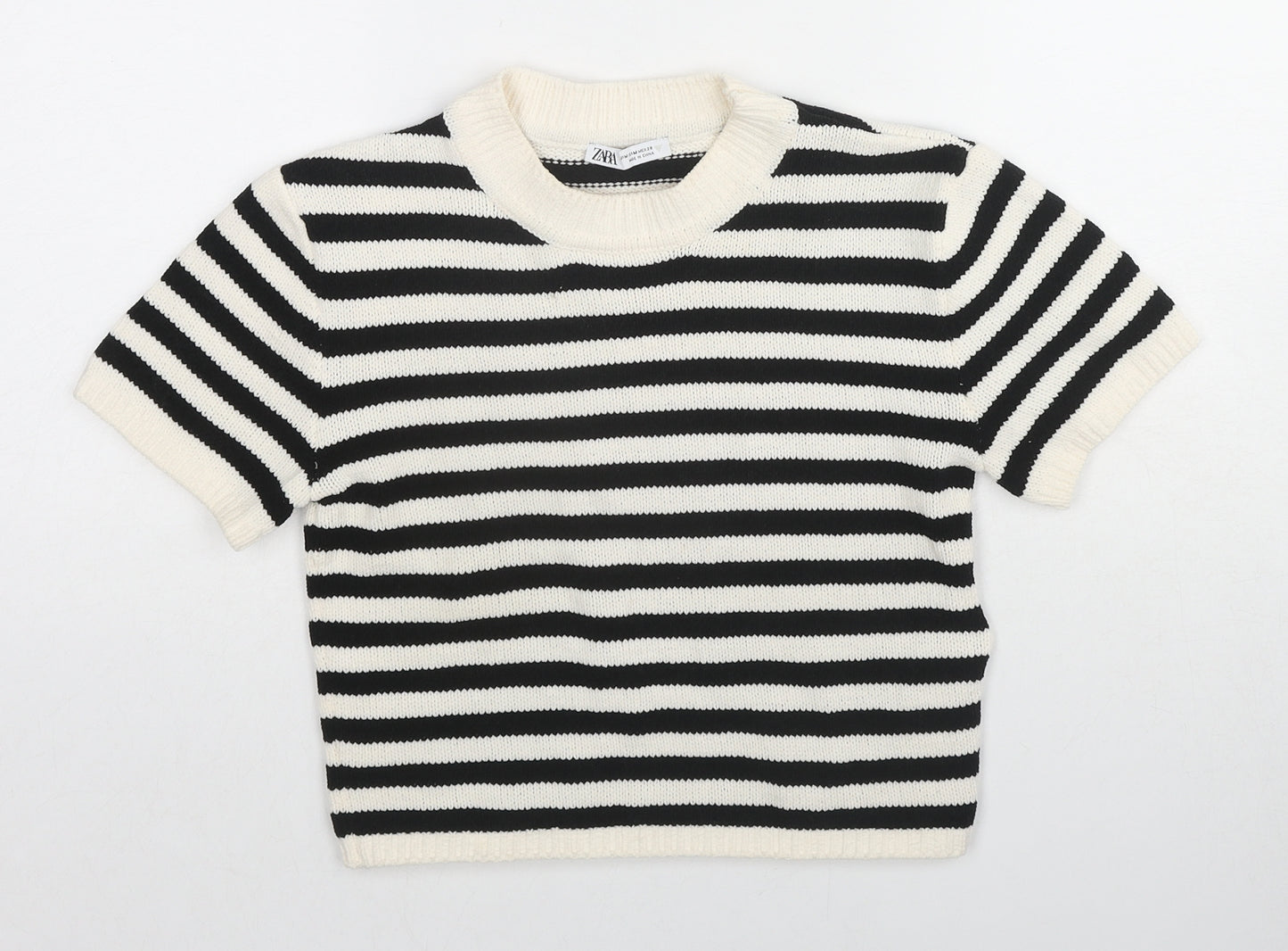 Zara Womens Black Round Neck Striped Polyester Pullover Jumper Size M Pullover