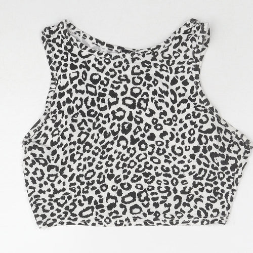 PRETTYLITTLETHING Womens White Animal Print Cotton Cropped Tank Size 10 Round Neck - Leopard Print