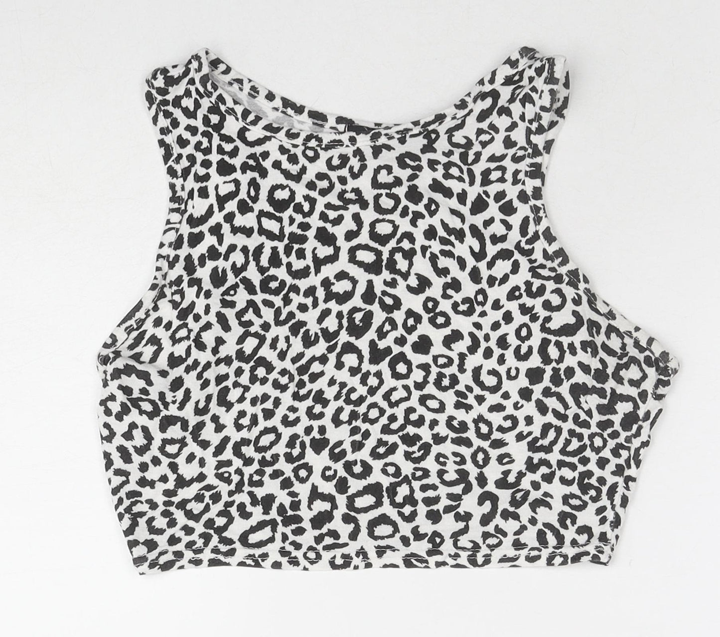 PRETTYLITTLETHING Womens White Animal Print Cotton Cropped Tank Size 10 Round Neck - Leopard Print
