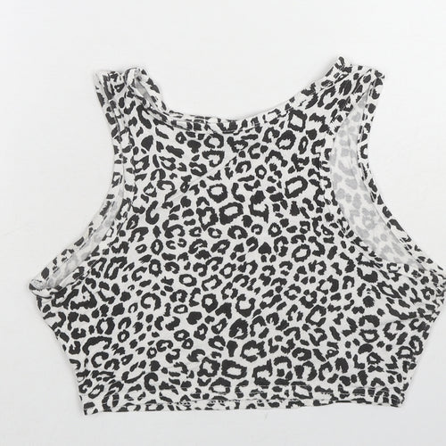 PRETTYLITTLETHING Womens White Animal Print Cotton Cropped Tank Size 10 Round Neck - Leopard Print