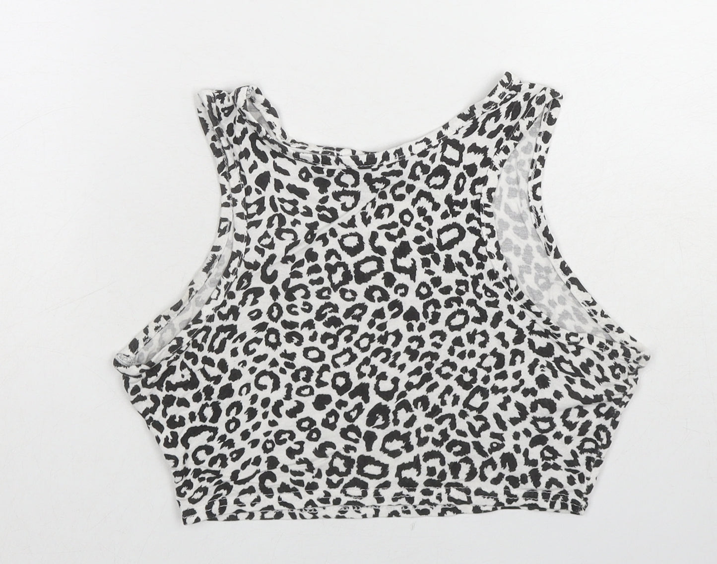 PRETTYLITTLETHING Womens White Animal Print Cotton Cropped Tank Size 10 Round Neck - Leopard Print