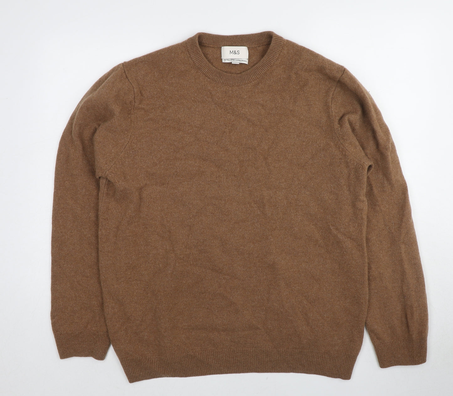 Marks and Spencer Mens Brown Round Neck Wool Pullover Jumper Size 3XL Long Sleeve