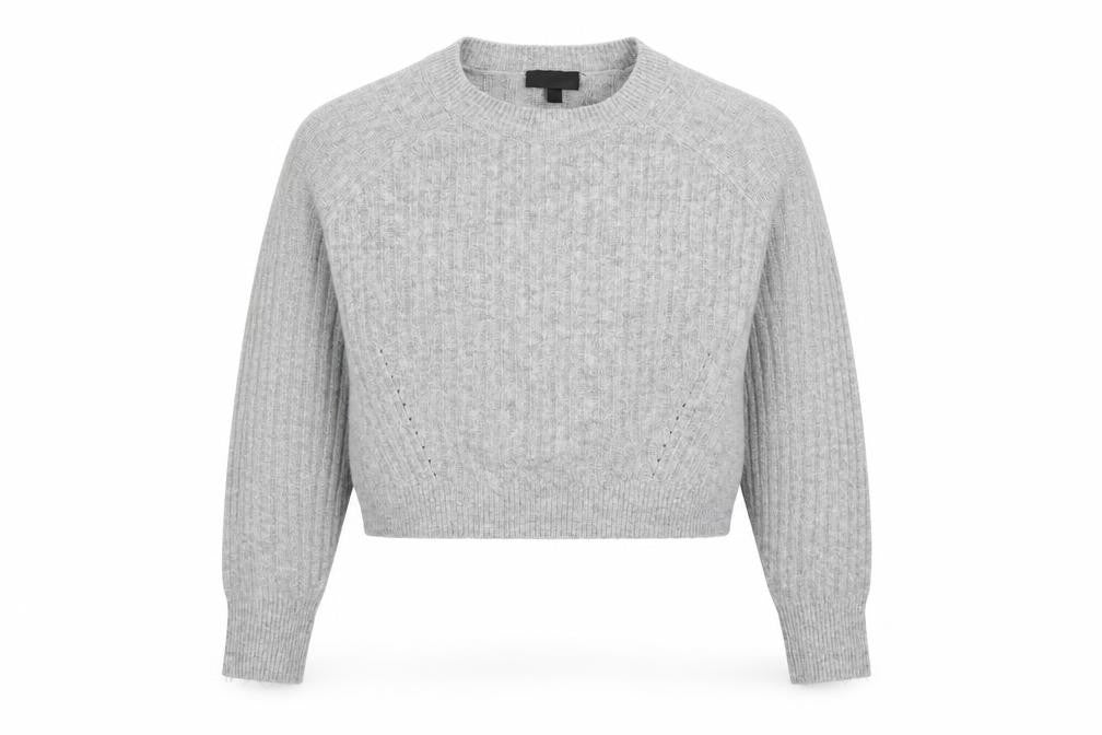 Front view of Topshop women’s grey round neck acrylic jumper, size UK 12