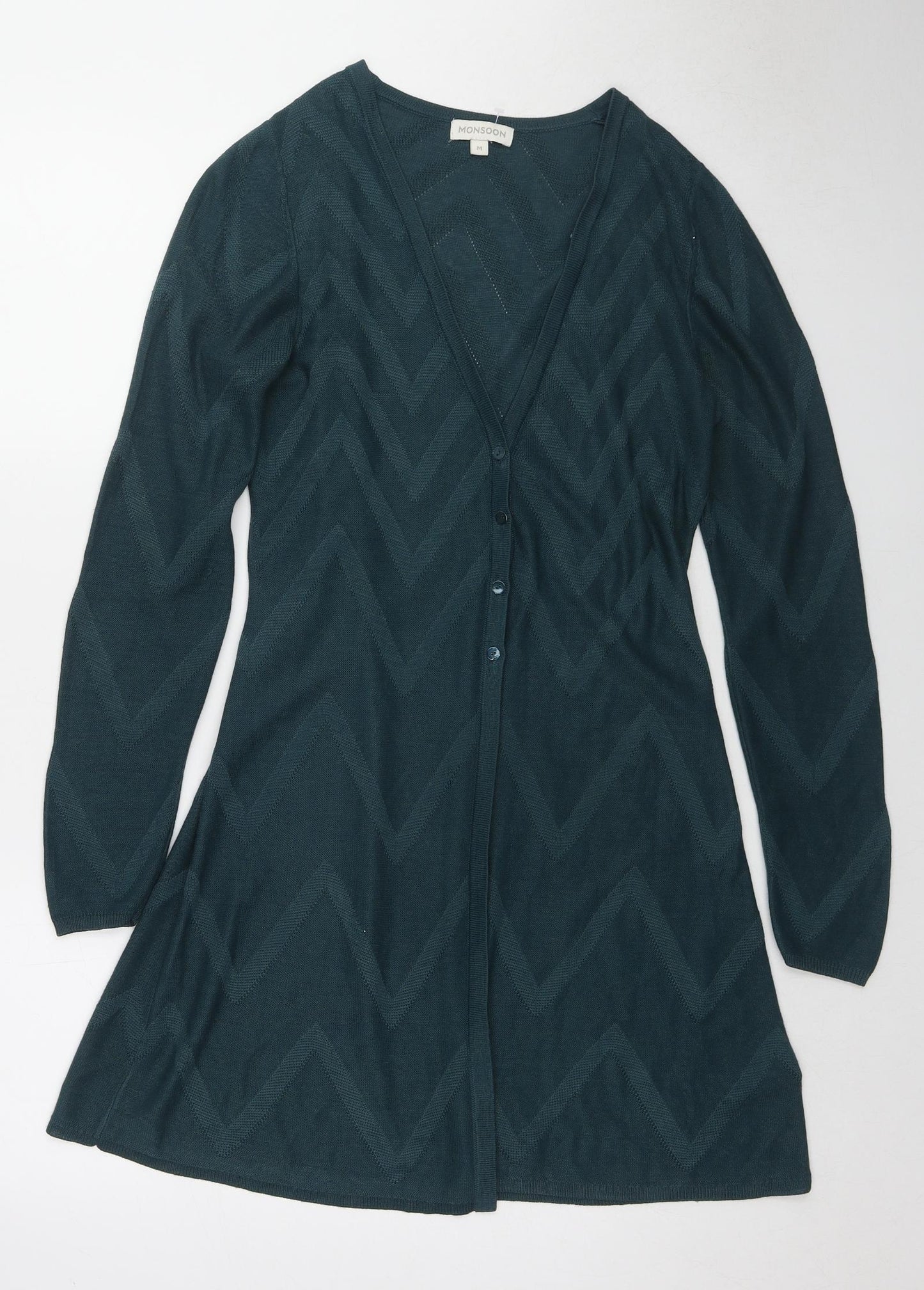 Monsoon Womens Green V-Neck Herringbone Acrylic Cardigan Jumper Size M