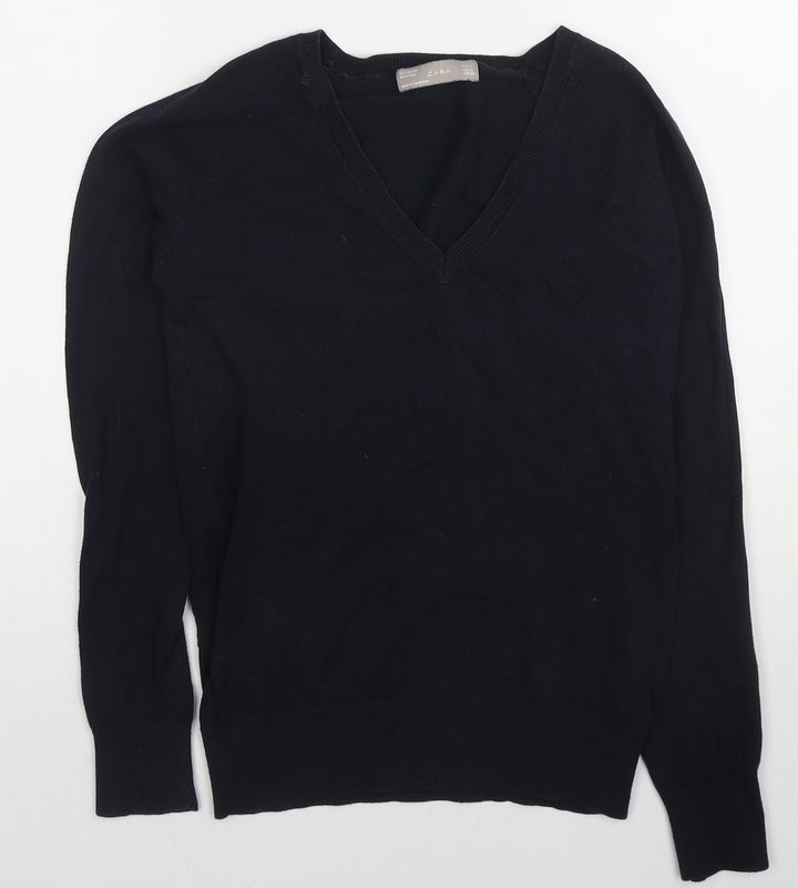 Zara Womens Blue V-Neck Cotton Pullover Jumper Size L