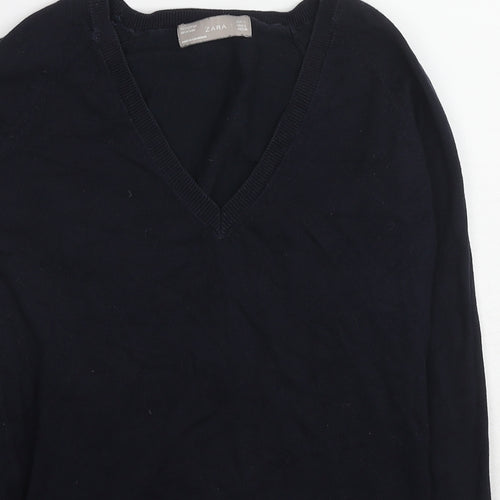 Zara Womens Blue V-Neck Cotton Pullover Jumper Size L