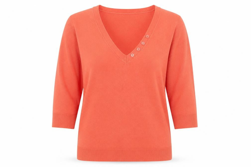 Front view of BHS women’s pink v-neck acrylic jumper, size UK 14