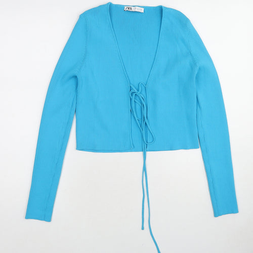 Zara Womens Blue V-Neck Nylon Cardigan Jumper Size L - Tie Front