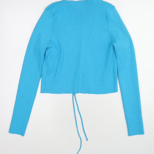 Zara Womens Blue V-Neck Nylon Cardigan Jumper Size L - Tie Front
