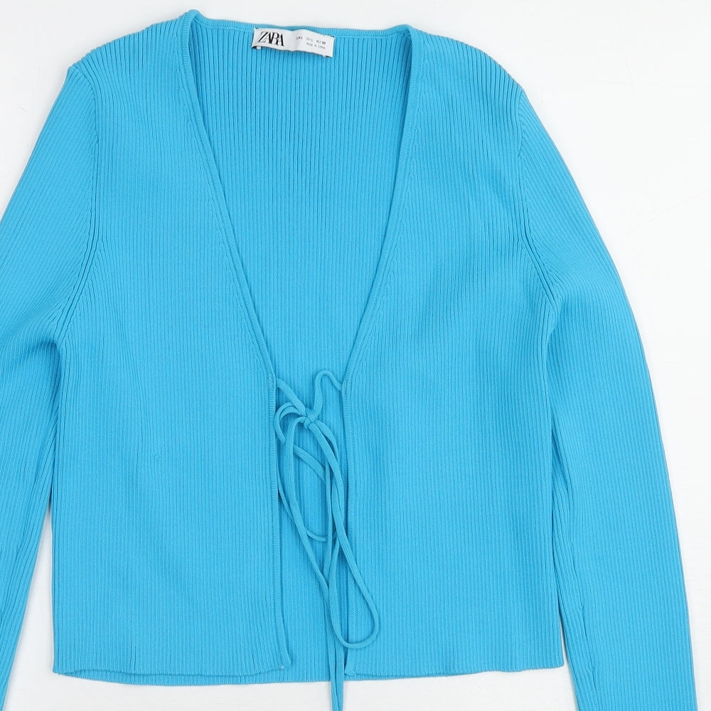 Zara Womens Blue V-Neck Nylon Cardigan Jumper Size L - Tie Front