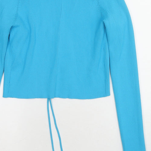 Zara Womens Blue V-Neck Nylon Cardigan Jumper Size L - Tie Front