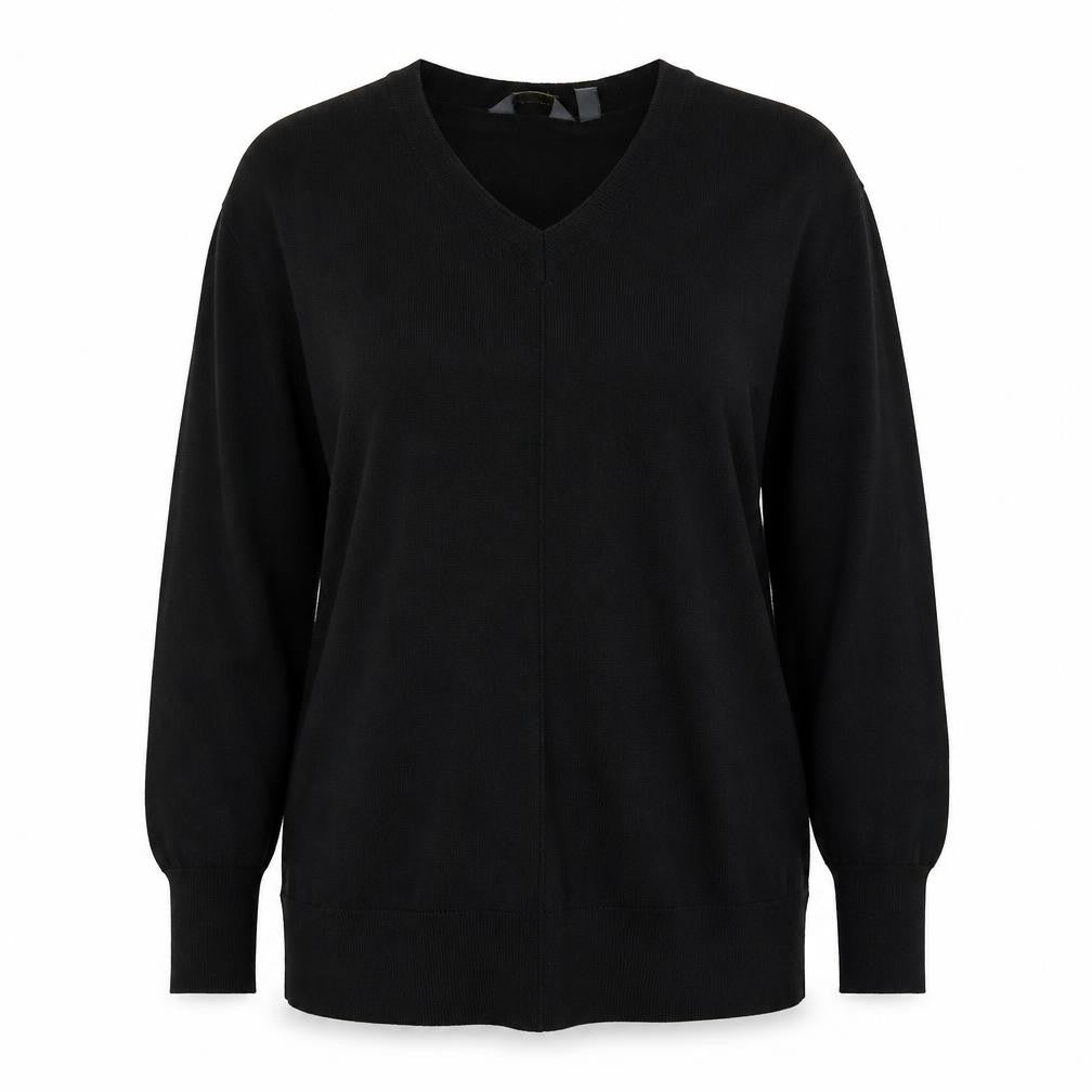 Front view of Claire Langford women’s black round neck acrylic jumper, size L