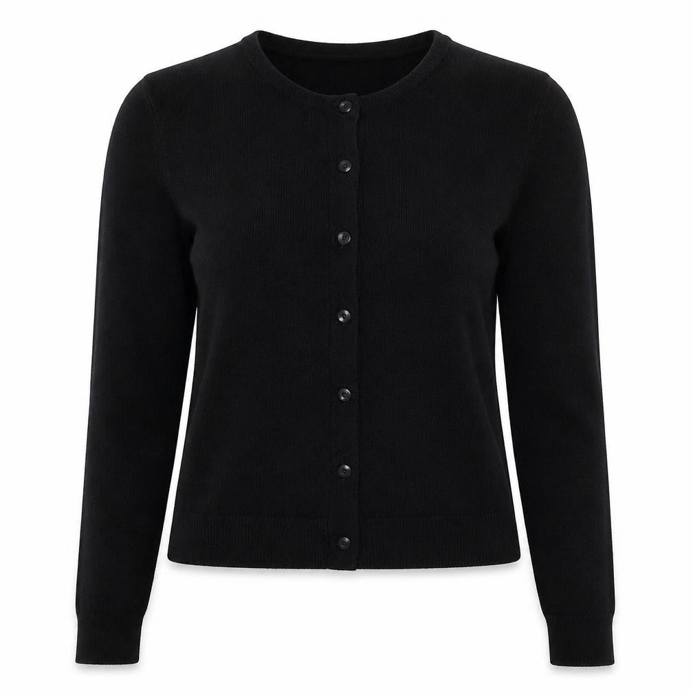 Front view of Ella J. women’s black round neck polyester cardigan jumper, size S