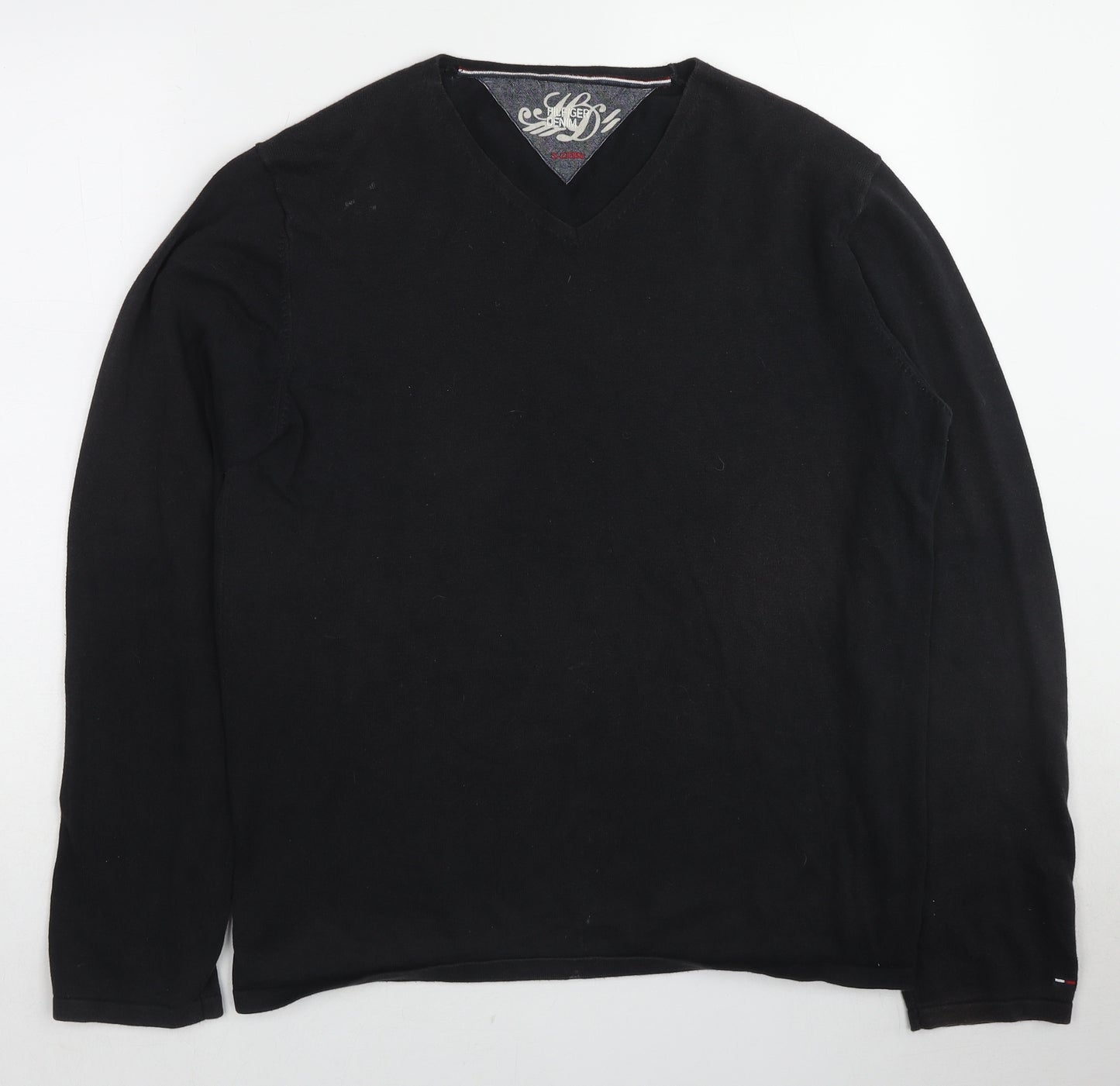 Tommy Hilfiger Mens Black V-Neck Cotton Pullover Jumper Size XL Long Sleeve