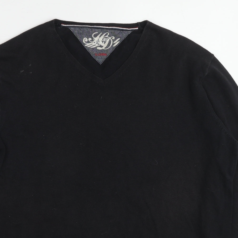 Tommy Hilfiger Mens Black V-Neck Cotton Pullover Jumper Size XL Long Sleeve