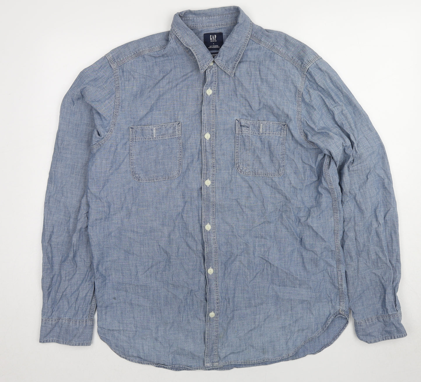 Gap Mens Blue Cotton Button-Up Size L Collared Button