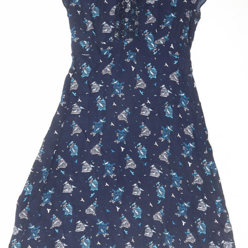 RJR.John Rocha Womens Blue Geometric Viscose A-Line Size 10 V-Neck Pullover - Bird pattern