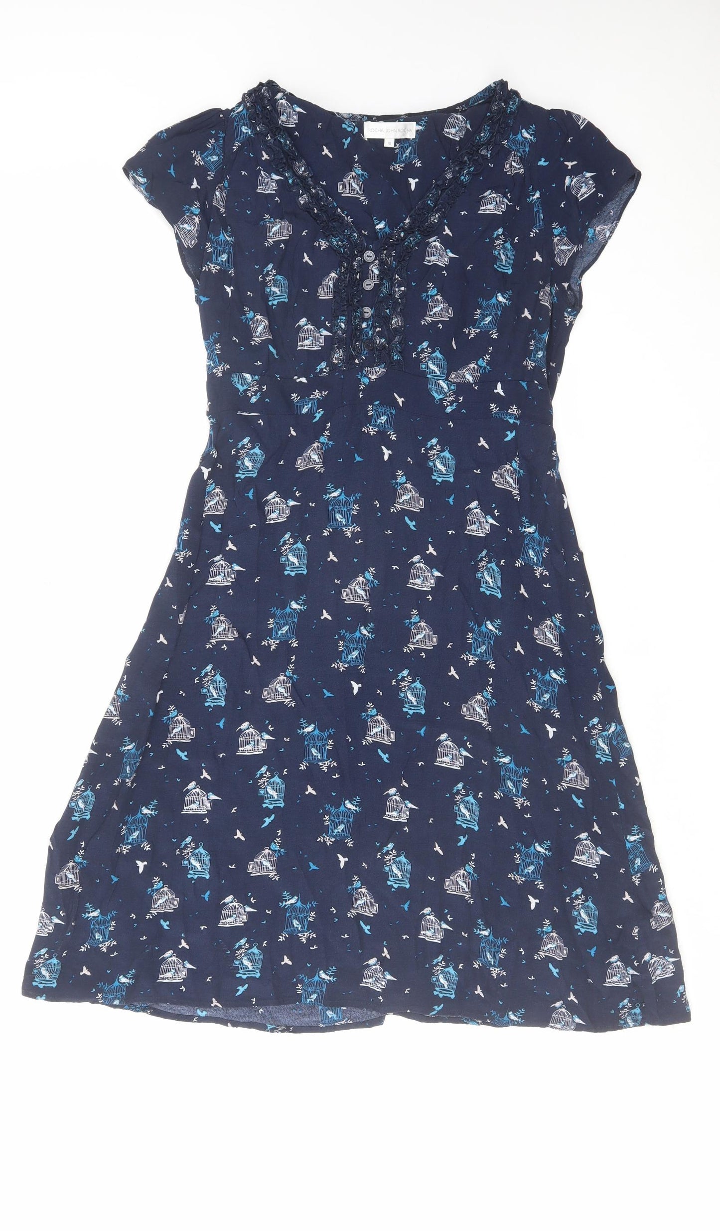 RJR.John Rocha Womens Blue Geometric Viscose A-Line Size 10 V-Neck Pullover - Bird pattern