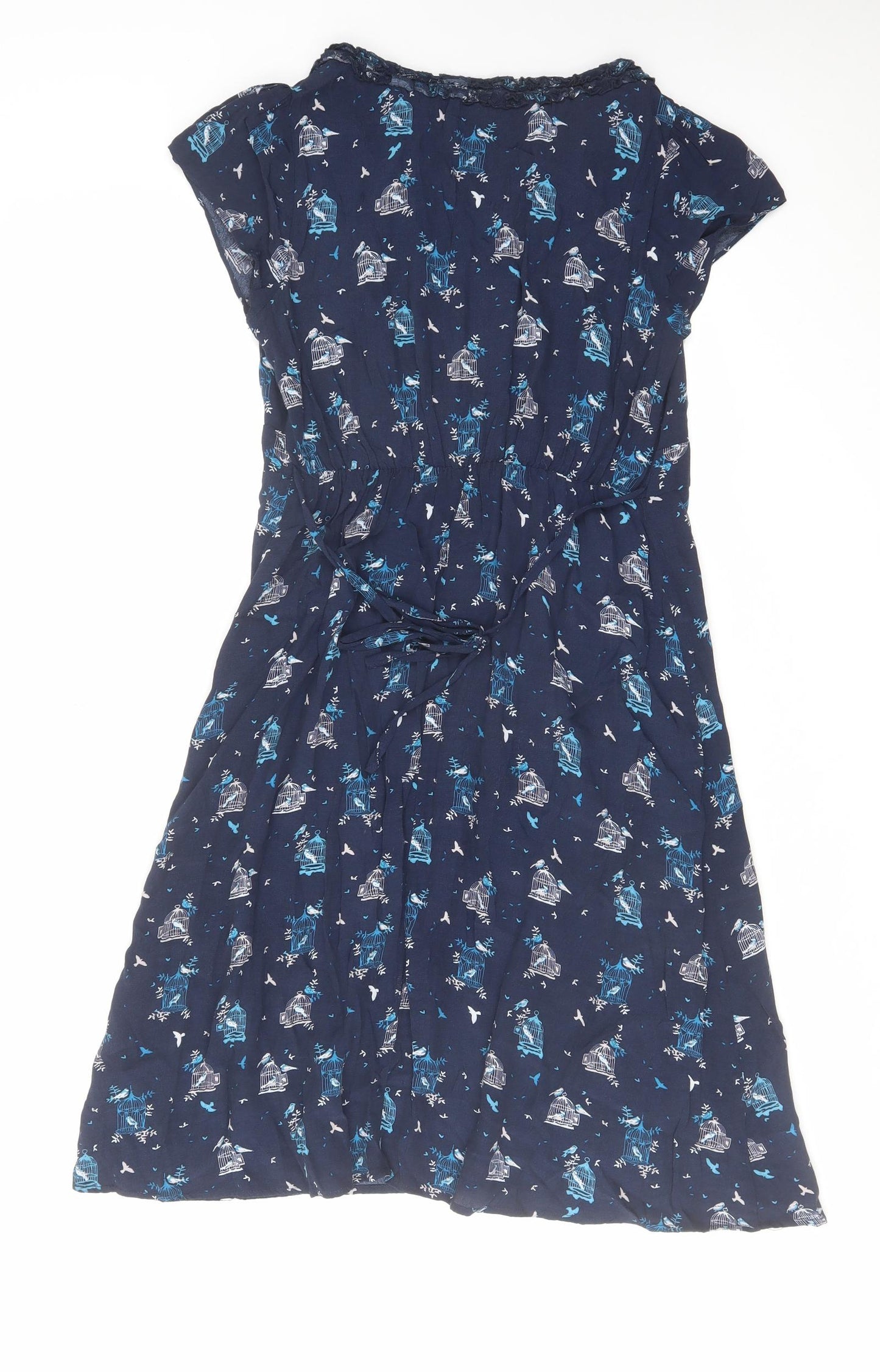 RJR.John Rocha Womens Blue Geometric Viscose A-Line Size 10 V-Neck Pullover - Bird pattern