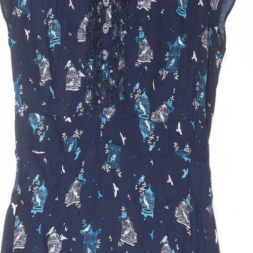 RJR.John Rocha Womens Blue Geometric Viscose A-Line Size 10 V-Neck Pullover - Bird pattern