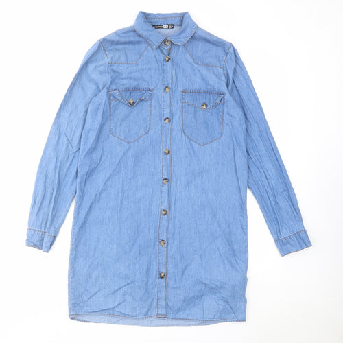 Boohoo Womens Blue Cotton Shirt Dress Size 8 Collared Button