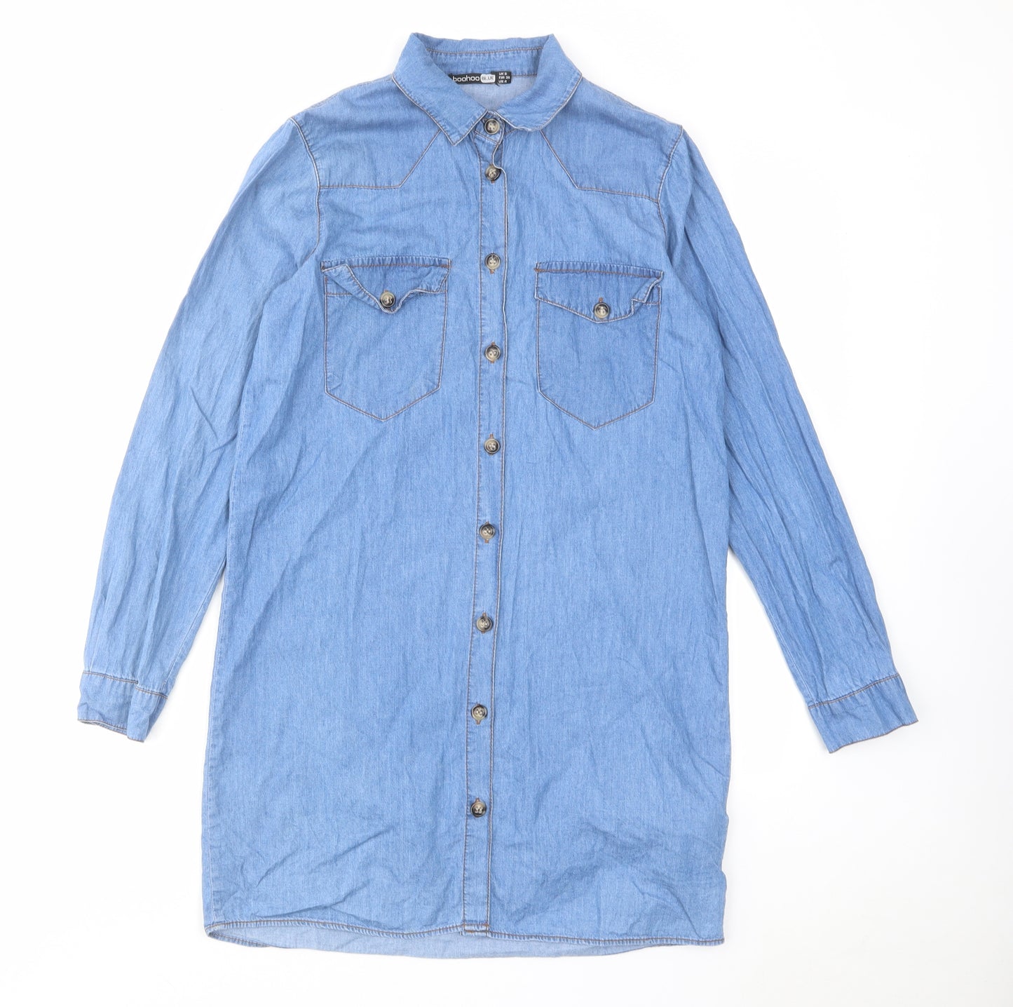 Boohoo Womens Blue Cotton Shirt Dress Size 8 Collared Button