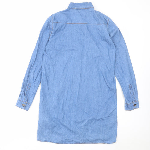 Boohoo Womens Blue Cotton Shirt Dress Size 8 Collared Button