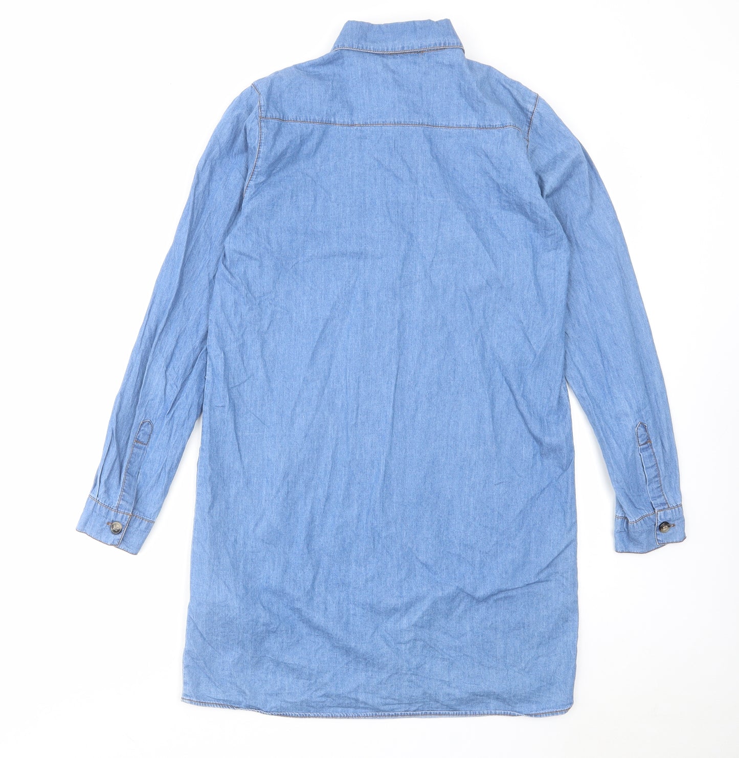 Boohoo Womens Blue Cotton Shirt Dress Size 8 Collared Button