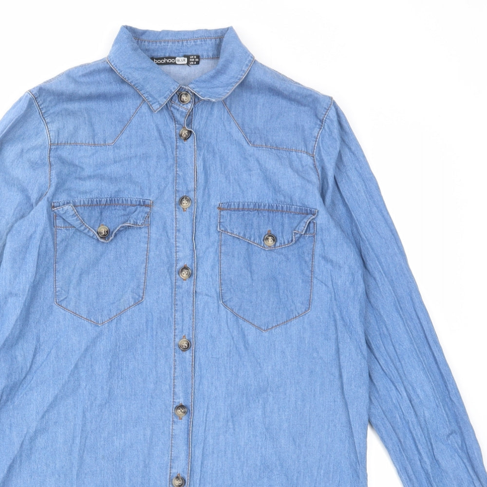 Boohoo Womens Blue Cotton Shirt Dress Size 8 Collared Button