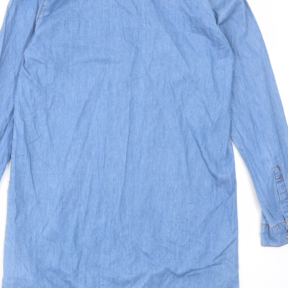 Boohoo Womens Blue Cotton Shirt Dress Size 8 Collared Button