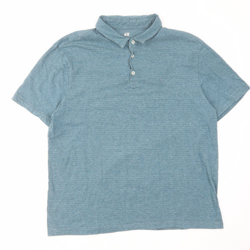 H&M Mens Blue Cotton Polo Size XL Collared Button