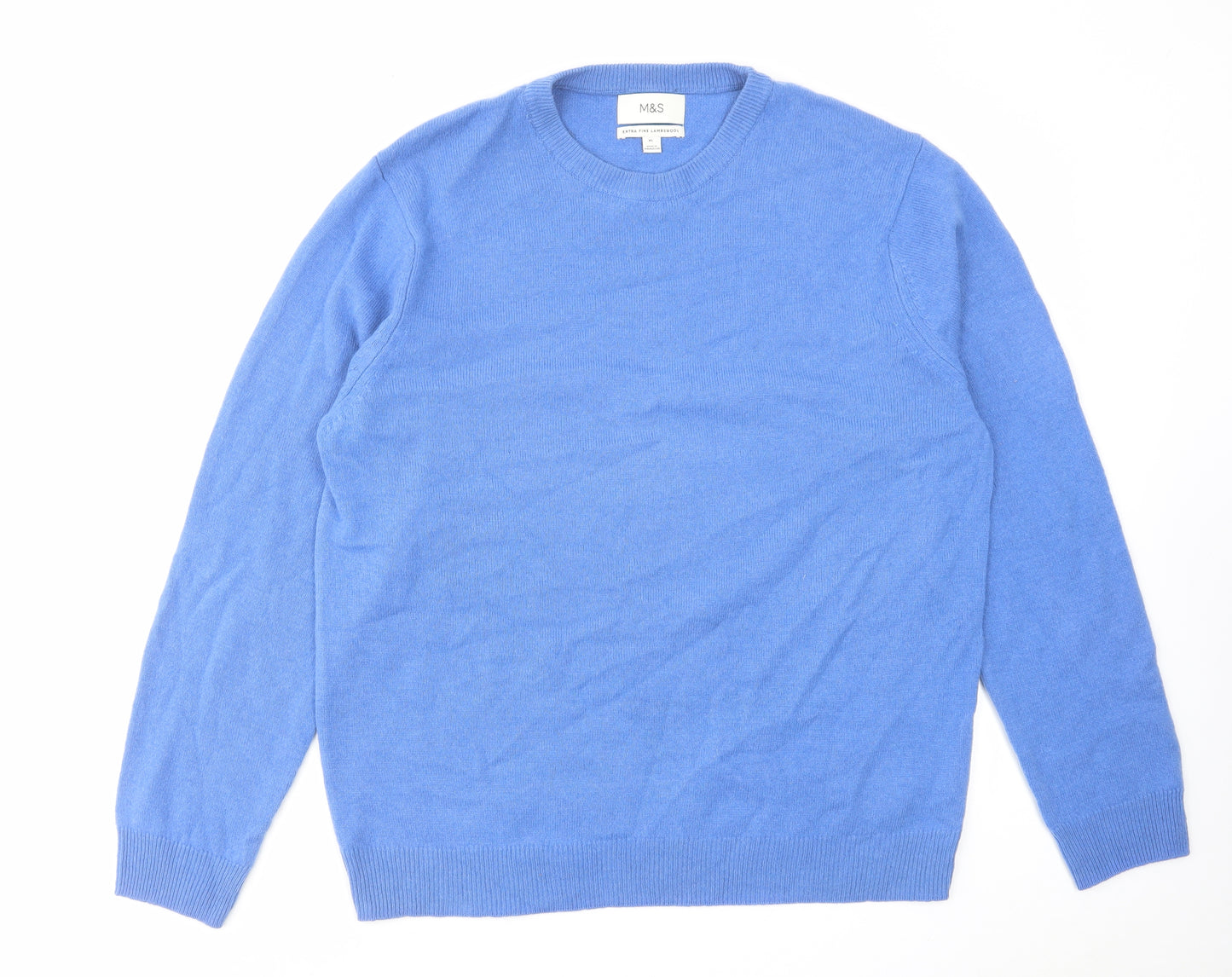 Marks and Spencer Mens Blue Round Neck Wool Pullover Jumper Size XL Long Sleeve