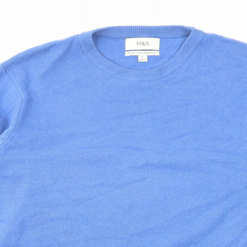 Marks and Spencer Mens Blue Round Neck Wool Pullover Jumper Size XL Long Sleeve