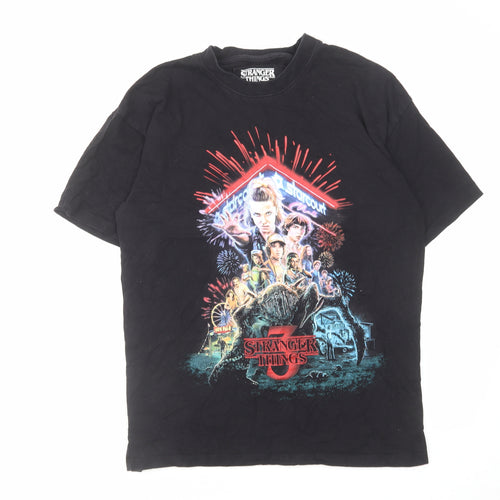 Pull&Bear Mens Black Cotton T-Shirt Size S Round Neck - Stranger Things