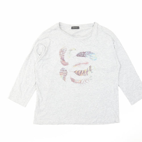 Mo Women Womens Grey Polyester Basic T-Shirt Size M Round Neck - Feathers