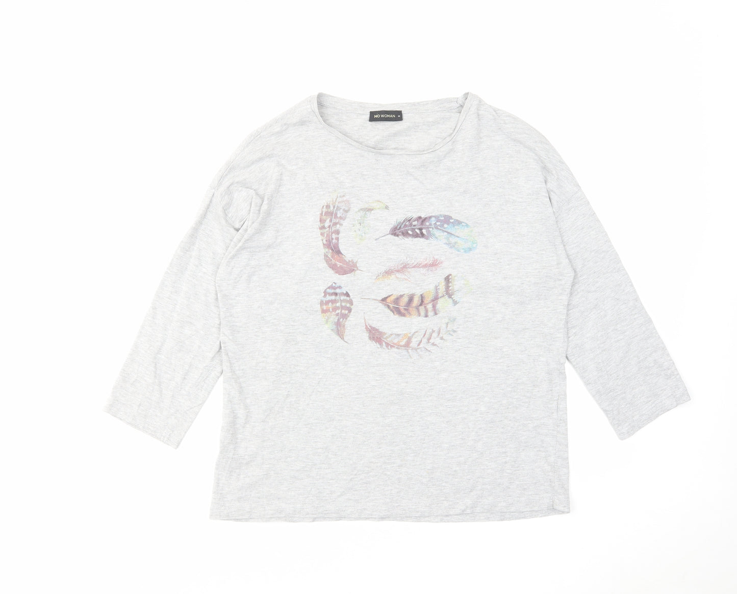 Mo Women Womens Grey Polyester Basic T-Shirt Size M Round Neck - Feathers