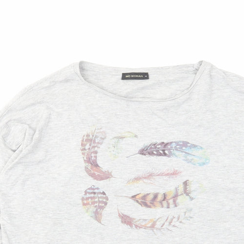 Mo Women Womens Grey Polyester Basic T-Shirt Size M Round Neck - Feathers
