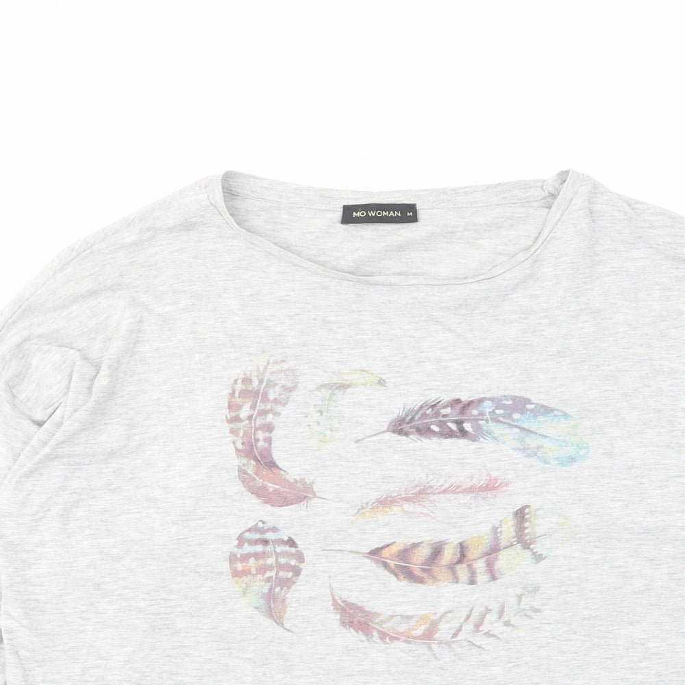 Mo Women Womens Grey Polyester Basic T-Shirt Size M Round Neck - Feathers
