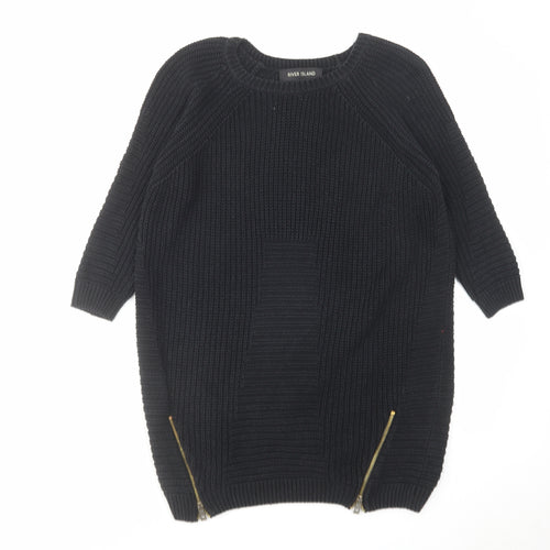 River Island Womens Black Cotton Jumper Dress Size 8 Round Neck Pullover - Side zip detail