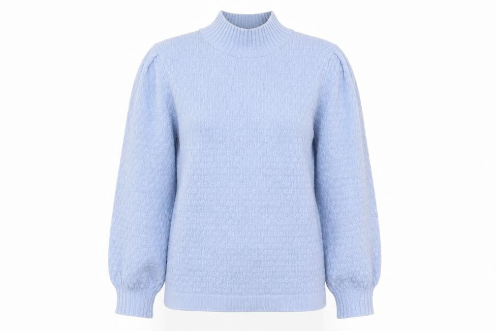 Front view of Next women’s blue high neck viscose jumper, size UK 10