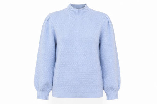Front view of Next women’s blue high neck viscose jumper, size UK 10