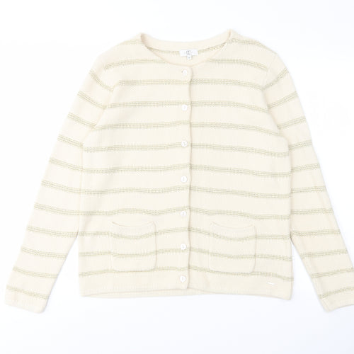 Country Casuals Womens Beige Round Neck Striped Cotton Cardigan Jumper Size M