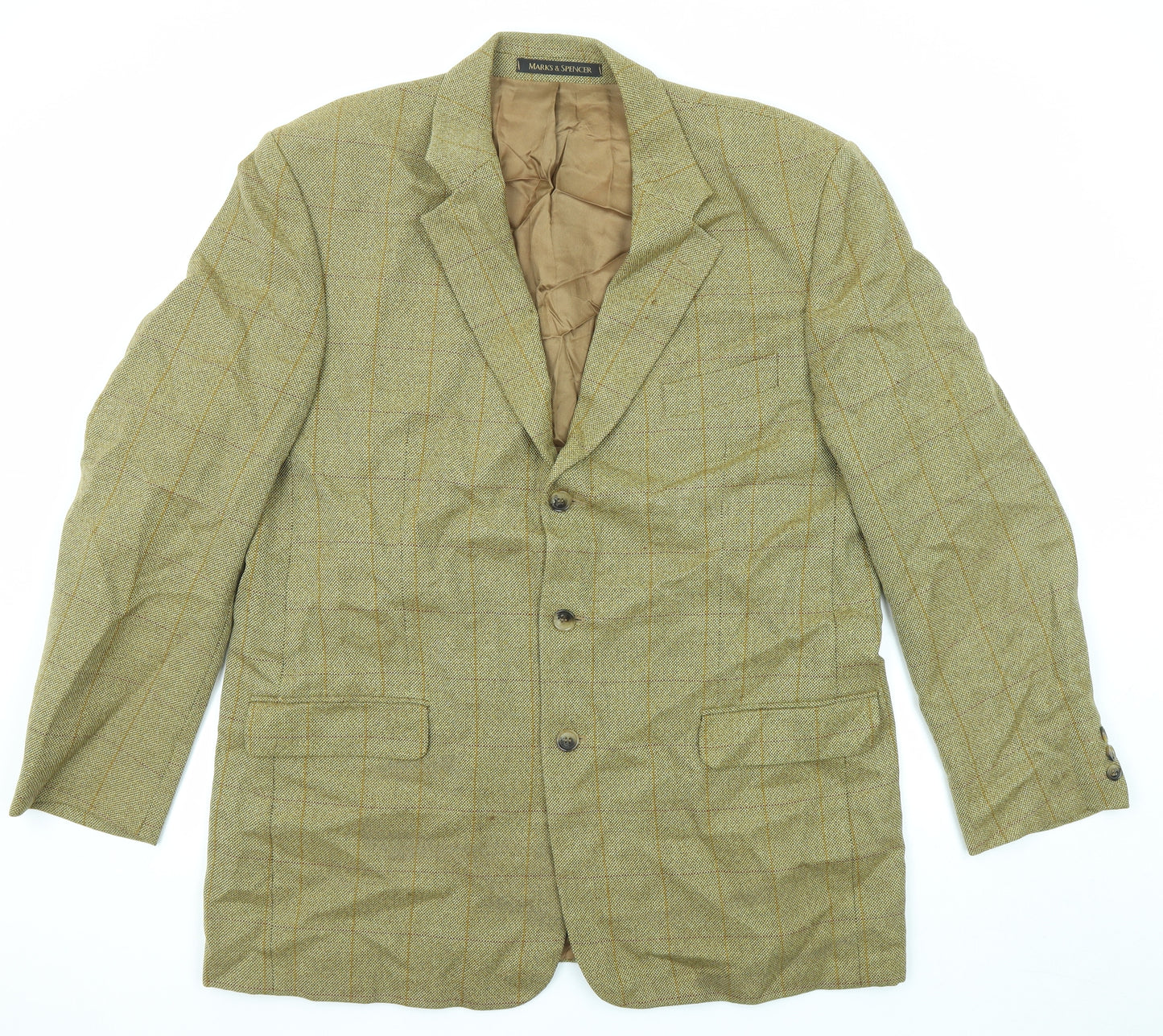 Marks and Spencer Mens Green Check Wool Jacket Blazer Size 46 Regular