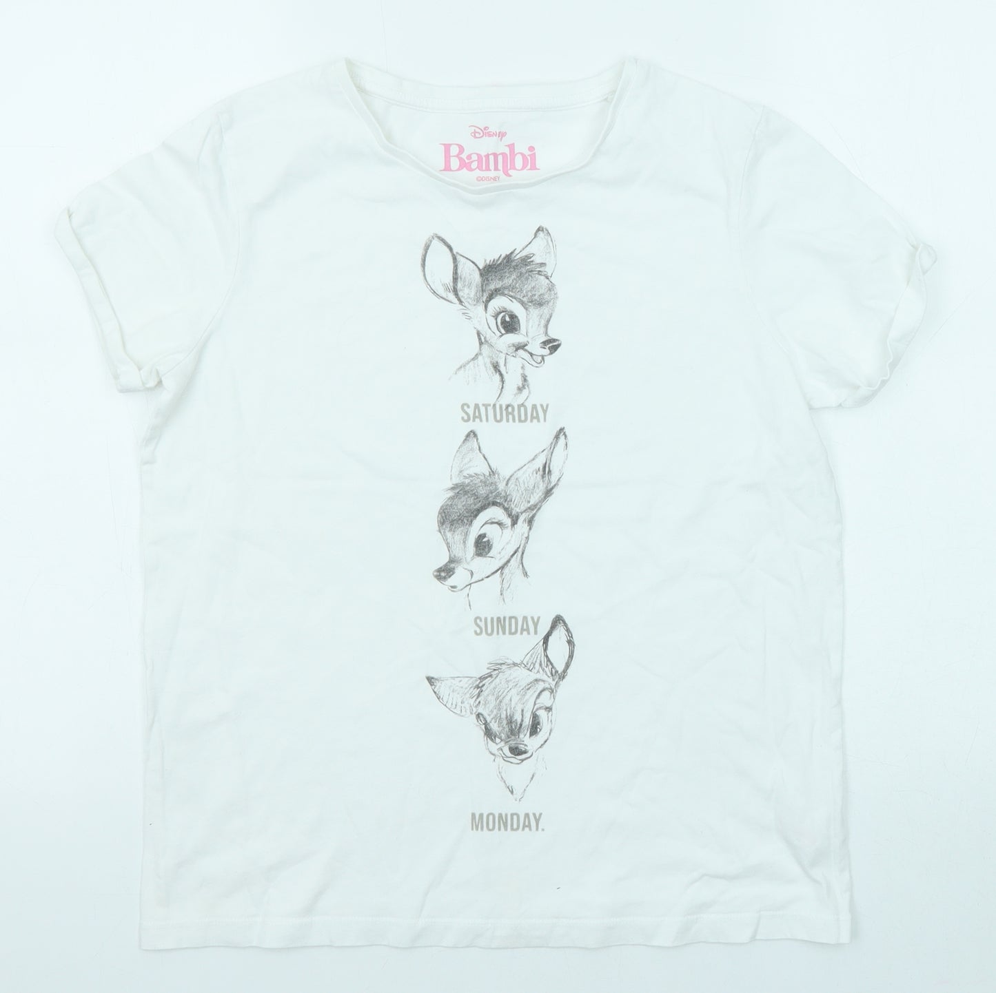 Disney Womens White Cotton Basic T-Shirt Size 10 Crew Neck - Bambi