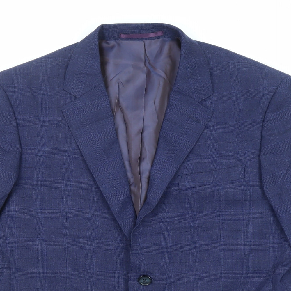 T.M.Lewin Mens Blue Plaid Wool Jacket Suit Jacket Size 40 Regular - Five-Button Sleeve