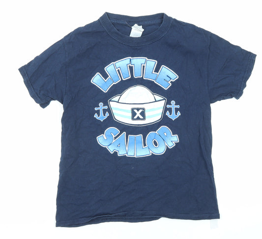 Front view of Gildan boys’ blue cotton basic t-shirt, size S, round neck pullover - little sailor