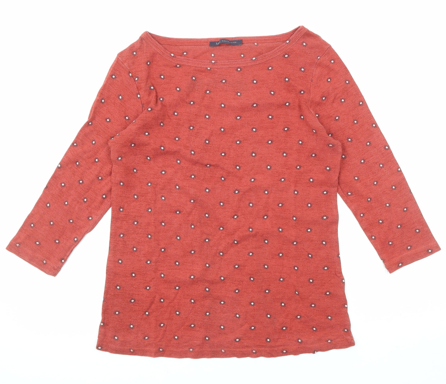 Marks and Spencer Womens Red Floral Cotton Basic T-Shirt Size 12 Boat Neck