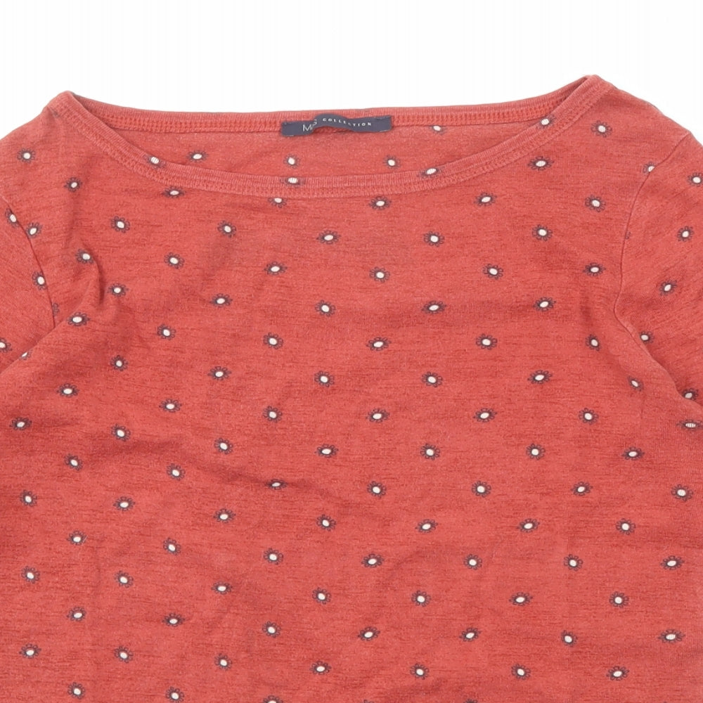 Marks and Spencer Womens Red Floral Cotton Basic T-Shirt Size 12 Boat Neck