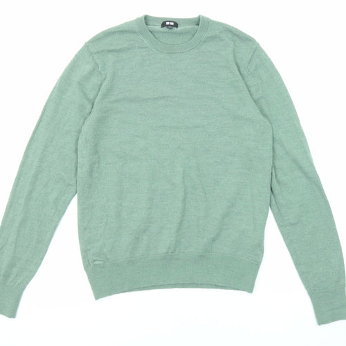 Uniqlo Mens Green Round Neck Wool Pullover Jumper Size S Long Sleeve