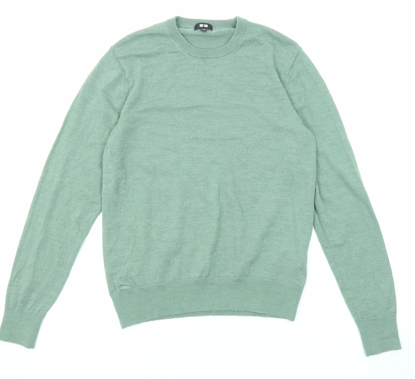 Uniqlo Mens Green Round Neck Wool Pullover Jumper Size S Long Sleeve